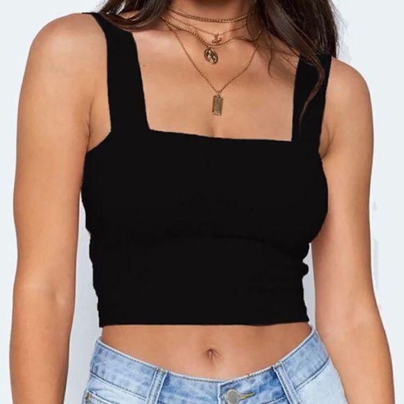 Square Neck Black Crop Top - Picture 1 of 4